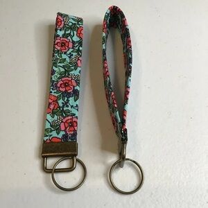 Keychain Wristlet Summer Flowers on Teal w Antique Brass hardware HANDMADE new